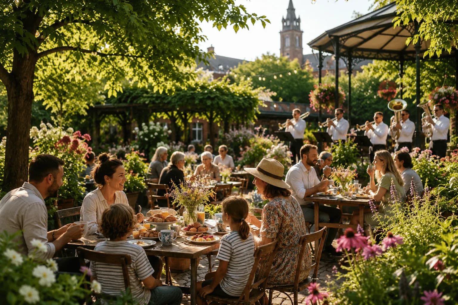 Families and couples enjoy an outdoor meal at tables surrounded by lush gardens, while a brass band performs in the background.